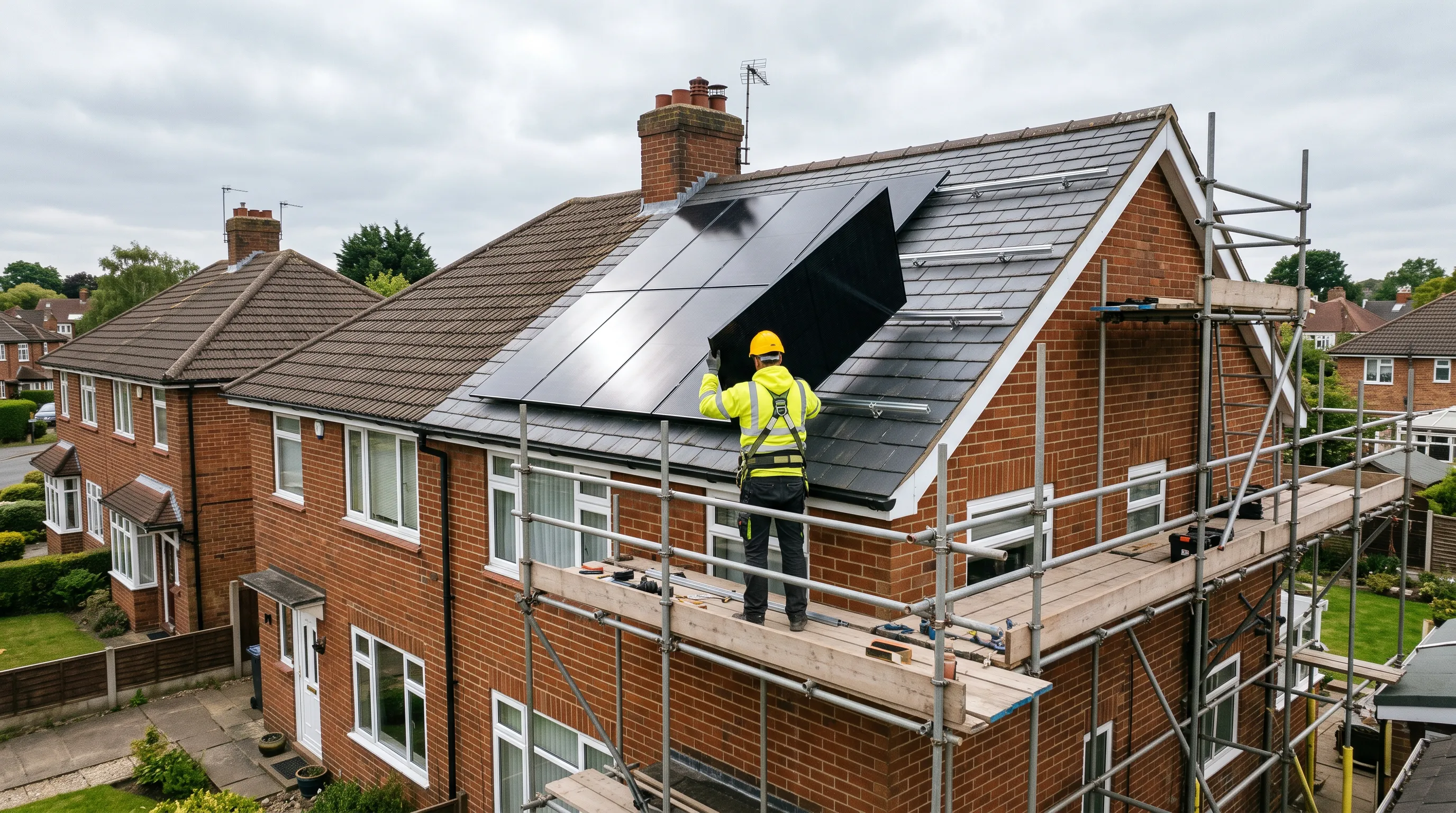 Installer fitting solar panels on a UK brick house roof