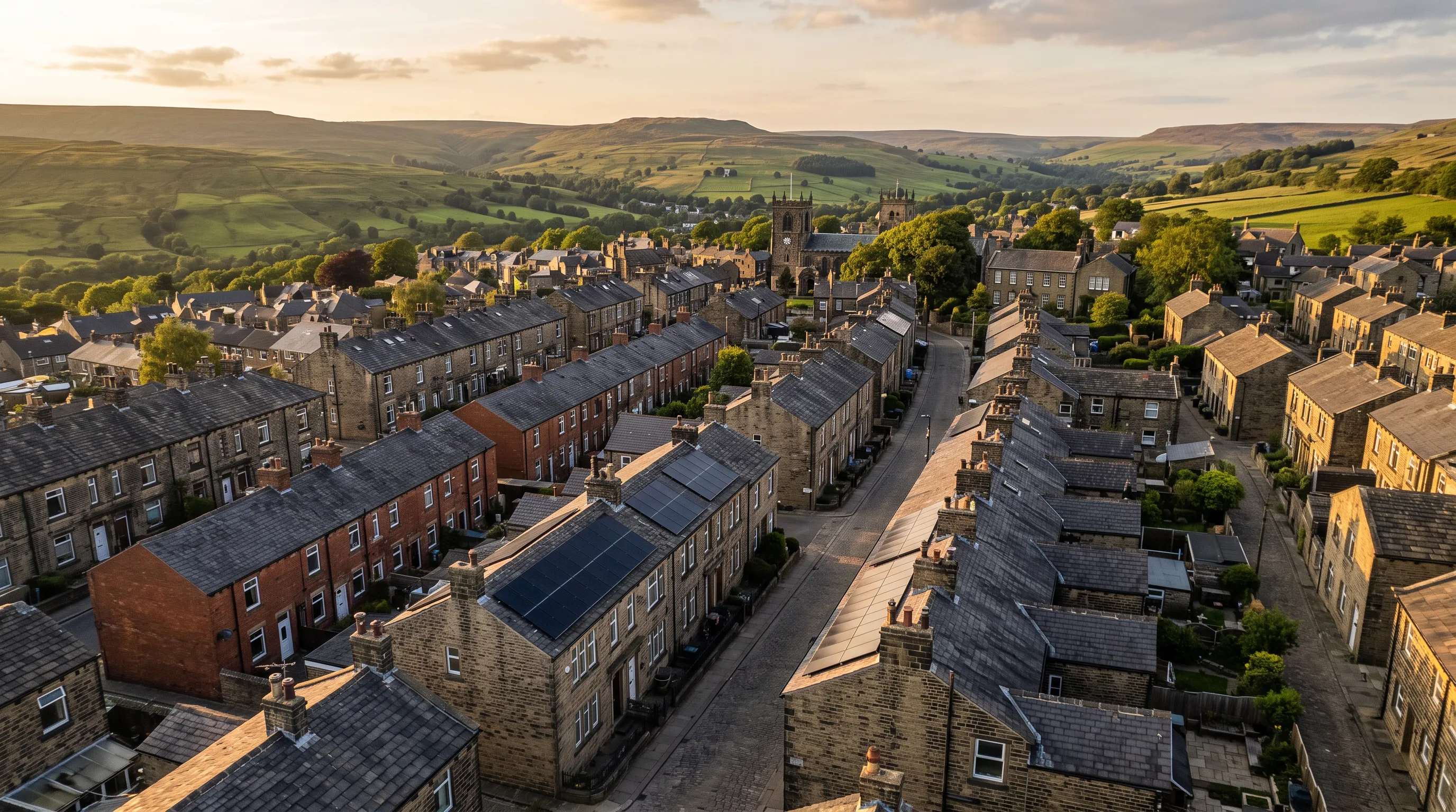 Solar panels on rooftops across a Yorkshire town at golden hour